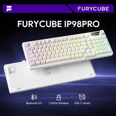 Bàn Phím Gaming FURYCUBE IP98 PRO – RGB, Type-C/ 2.4G/Bluetooth ( màu trắng khẻ vân , trắng xanh)